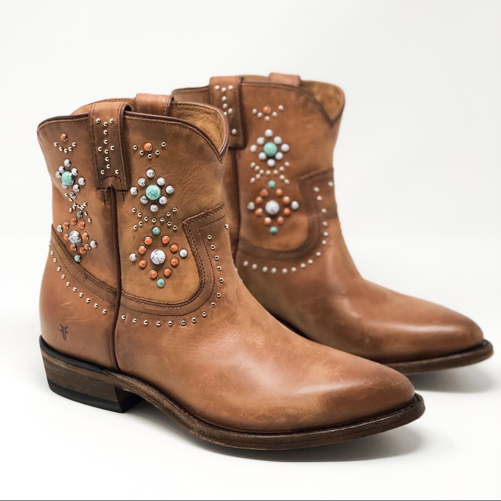Frye Billy Stone Studded Short Heel Brown Boots